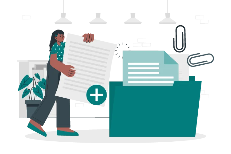 Eine Person trägt große Dokumente zu einem Drucker in einem Büro.