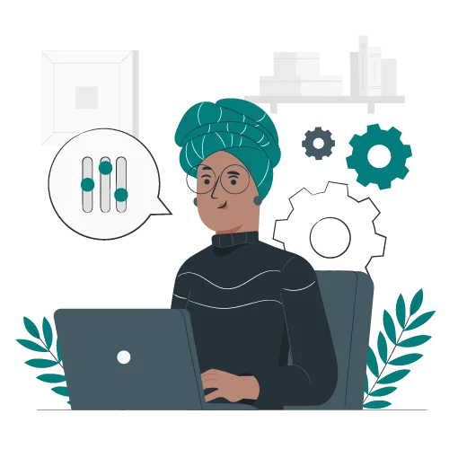 Person mit Kopftuch, die an einem Laptop arbeitet, umgeben von grafischen Elementen wie Zahnrädern und Diagrammen.