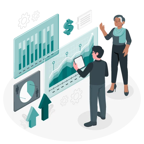 Illustration von Business-Analytics mit Diagrammen, einer Person mit einem Tablet und einer weiteren Person, die spricht.