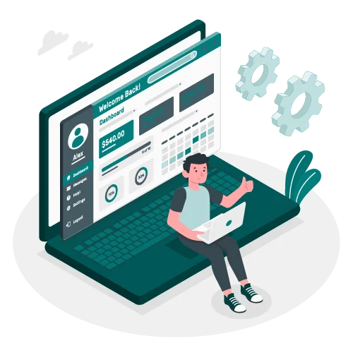 Illustration eines Benutzers, der auf einem Laptop mit Dashboard-Interface arbeitet und Daumen hoch zeigt.