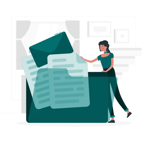 Eine Person steht neben einem Tisch mit mehreren Dokumenten und einem Laptop in einer grafischen Darstellung.