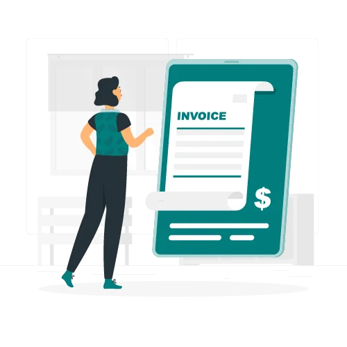 Eine Person steht vor einem digitalen Gerät, das eine Rechnung mit dem Wort 'INVOICE' anzeigt.