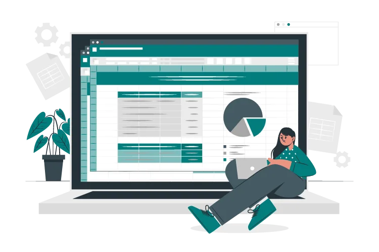 Eine Person sitzt mit einem Laptop vor einem großen Bildschirm, der eine Tabellenkalkulation zeigt, mit Diagrammen und Daten.