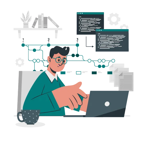 Ein Mann mit Brille arbeitet an einem Laptop, umgeben von Programmiercode und Diagrammen.