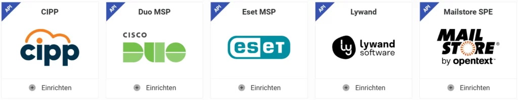 Fünf Integrationskacheln zeigen die Logos von CIPP, Duo MSP, Eset MSP, Lywand und Mailstore SPE mit „Einrichten“ darunter.
