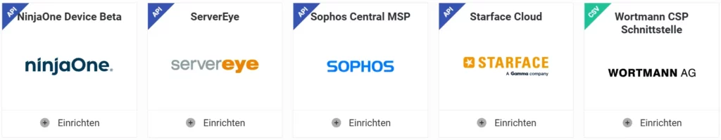 Mehrere Integrationskacheln zeigen Logos von NinjaOne, ServerEye, Sophos Central MSP, Starface Cloud und Wortmann CSP.