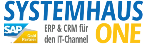 Das Systemhaus-ONE-Logo zeigt den Hinweis SAP Gold Partner sowie den Schriftzug ERP & CRM für den IT-Channel.